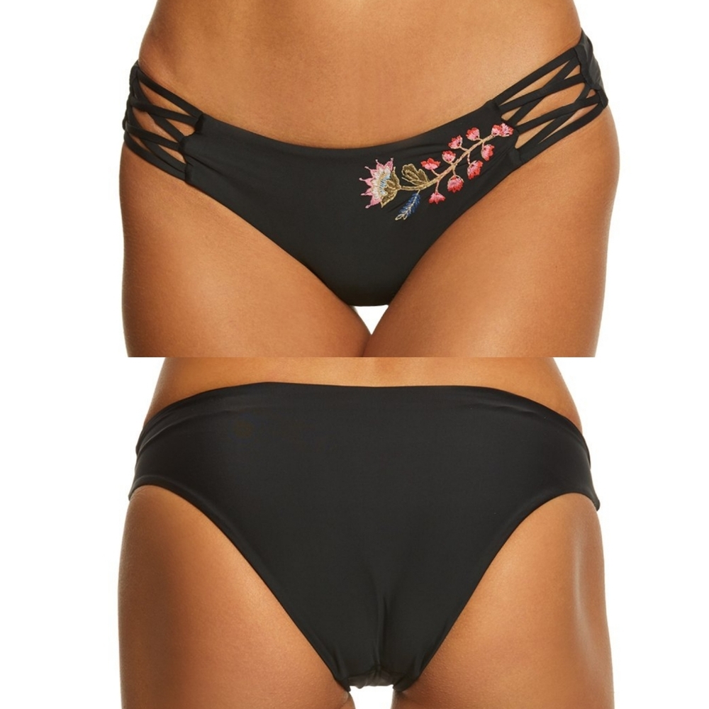 🎉B.O.G.O | Ella Moss Shiny Spice High Leg Bikini Bottom | Black Floral | Sm